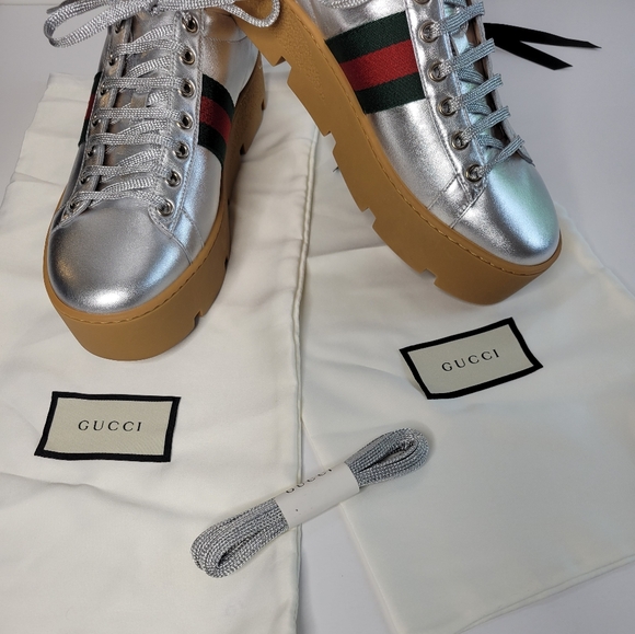 Gucci silver leather platform sneaker new in box size 8.5 - Picture 7 of 8